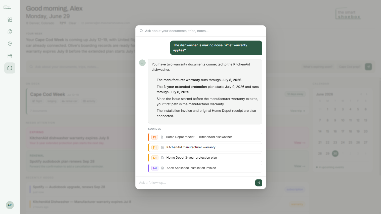 The Smart Shoebox answering a warranty question with four connected source documents